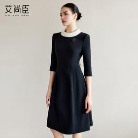 艾尚臣黑色西装连衣裙女圆领缎面拼接裙子秋款职业套裙气质工作服