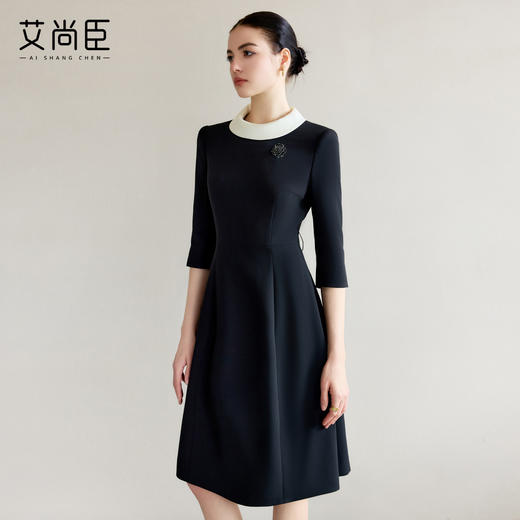 艾尚臣黑色西装连衣裙女圆领缎面拼接裙子秋款职业套裙气质工作服 商品图0
