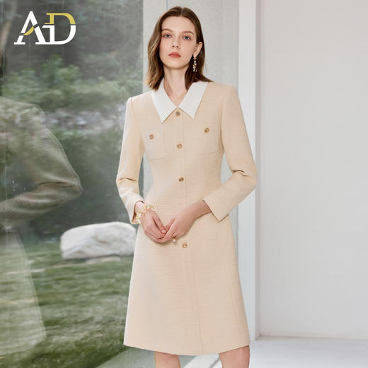 AD气质翻领粗花呢连衣裙女2025秋冬新款老钱风拼接长袖小香A字裙 商品图1