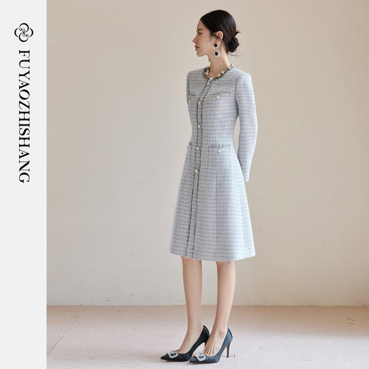 FUYAO扶摇 粗花呢小香风连衣裙女2025新款圆领长袖裙子通勤高级感 商品图1