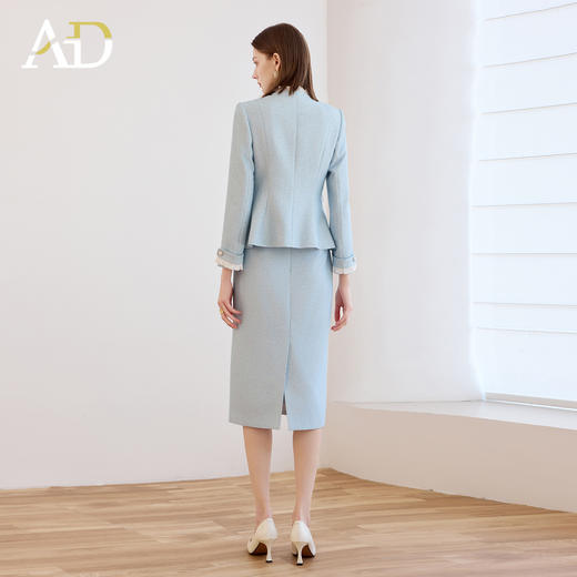 AD时尚气质套装女秋冬高级感蓝色木耳边长袖外套上班通勤两件套 商品图4