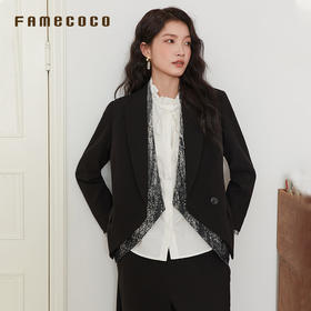 Famecoco范可儿假两件V领修身西装外套商务短款西服FAB6AW016