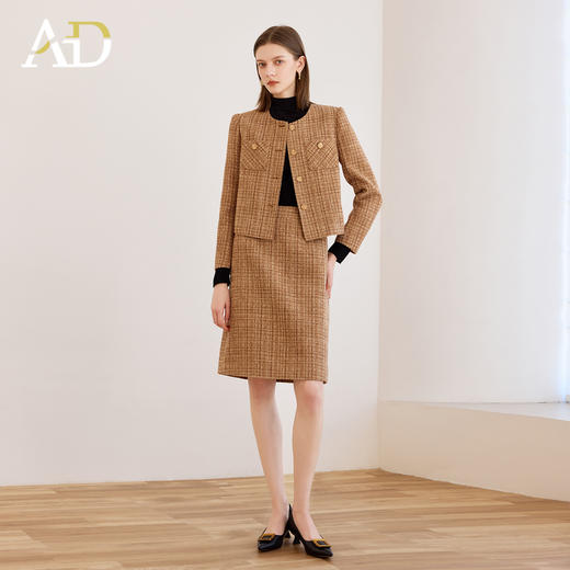 AD卡其色小香风套装女2025新款气质高级感粗花呢混纺格纹外套半裙 商品图1