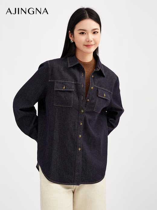【商场同款】阿菁娜秋季新款复古牛仔蓝衬衫宽松廓形带盖贴兜腔调感叠穿搭配A30Q209023 商品图2