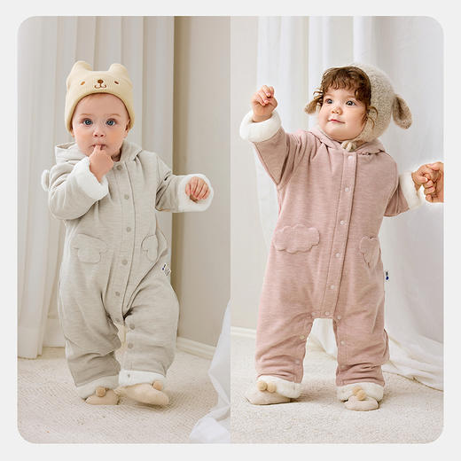 迷你巴拉巴拉婴儿衣服男女宝宝内里加绒棉服连体衣连帽爬服秋冬季 商品图2