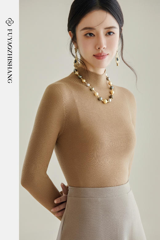 FUYAO扶摇 【100%羊毛】2025年冬新款百搭驼色修身针织衫百搭上衣 商品图5