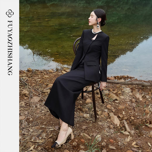 FUYAO扶摇 羊毛西装套装女2025秋冬新中式斜襟国风西服半裙两件套 商品图2