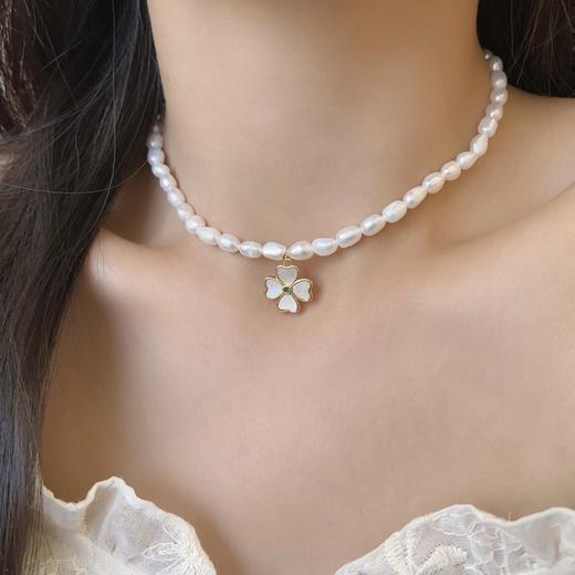 丁摩 天然珍珠项链女 正品淡水珠米珠四叶花吊坠贝壳锁骨链Q265 商品图0