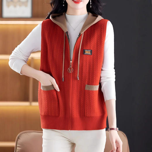 XMZ1210女装时尚洋气简约通勤百搭连帽针织马甲秋冬季驼色橘色其他肩带款 商品图2