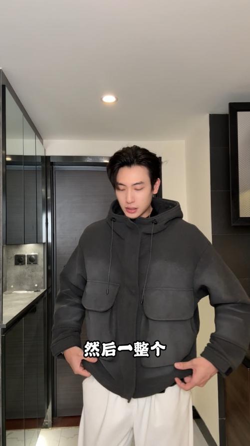 SDSA男士秋冬新款痞帅男装韩版磨白拼接松紧连帽夹克百搭时尚外套 商品图0