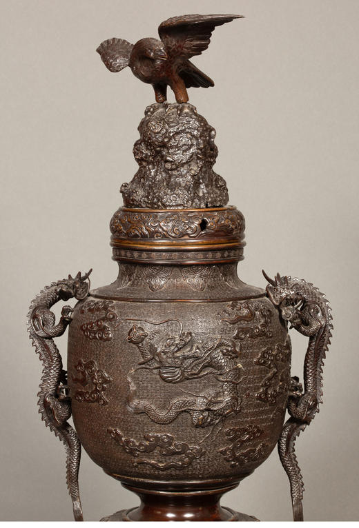 独角鹿西洋古董 19世纪末20世纪初日本明治时期出品祥龙纹双龙耳凤鸟四足铜雕大香炉 商品图2