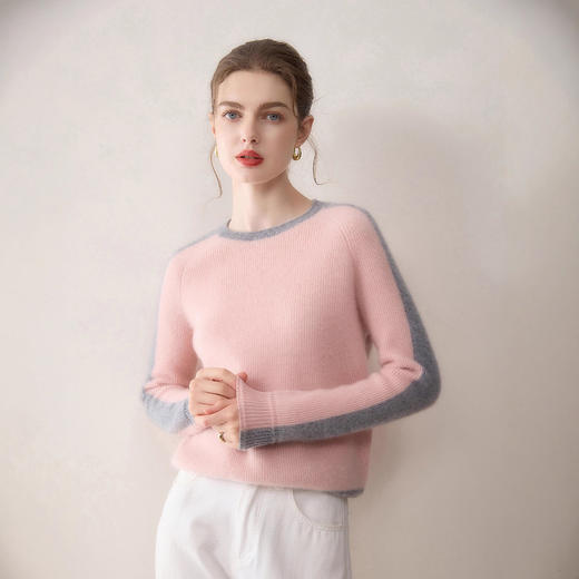 「高货rg」全新升级【铂金会员735/天猫999/差价264】(75012)洛诗琳气质100纯山羊绒衫2025冬季圆领元宝针加厚拼色毛衣 商品图1