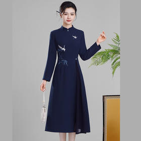 丁摩 竹鹤春秋装复古改良新中式国风绣花日常款旗袍连衣裙5ZF-4202