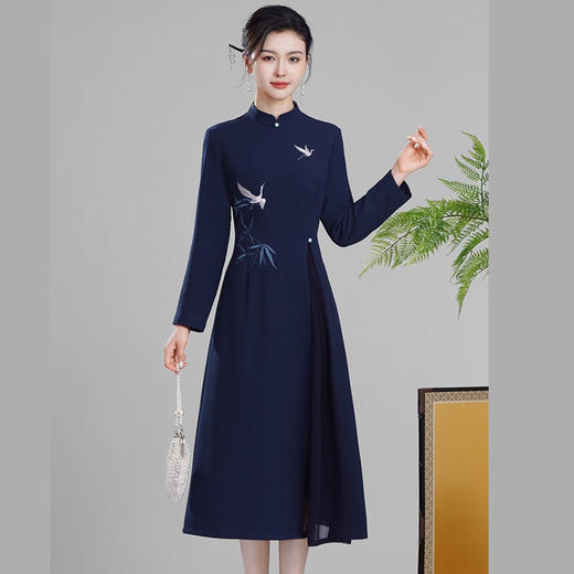 丁摩 竹鹤春秋装复古改良新中式国风绣花日常款旗袍连衣裙5ZF-4202 商品图0