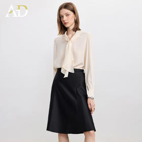 AD高端精致衬衫套装女2025新款正式场合轻奢飘带长袖衬衣黑色皮裙