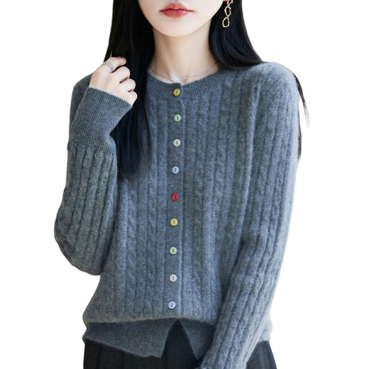 丁摩 100%纯羊毛圆领扭花彩扣开衫打底上衣M2-458 商品图4