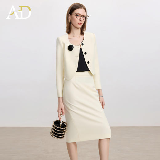 AD米白色名媛范两件套女高腰半身裙秋冬新款职场通勤圆领短外套 商品图0