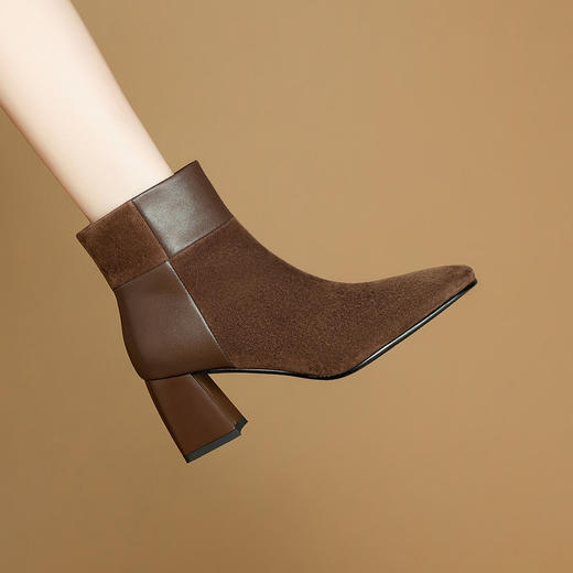 【预售5天】时尚真皮拼接粗跟短靴，方头高跟百搭时装女靴气质马丁靴NJMK&K1791 商品图3