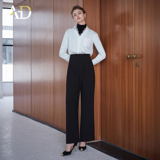 AD高级轻奢穿搭一整套2025新款蕾丝边V领衬衫女百搭高腰黑色西裤 商品图1