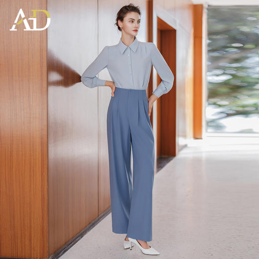 AD巨显瘦的裤子2025新款今年流行爆款蓝色衬衫搭配高腰阔腿裤套装 商品图0
