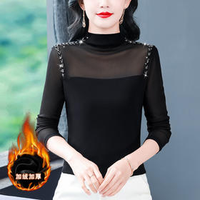 KQL 644G9217长袖网纱半高领拼接打底衫显瘦优雅气质上衣