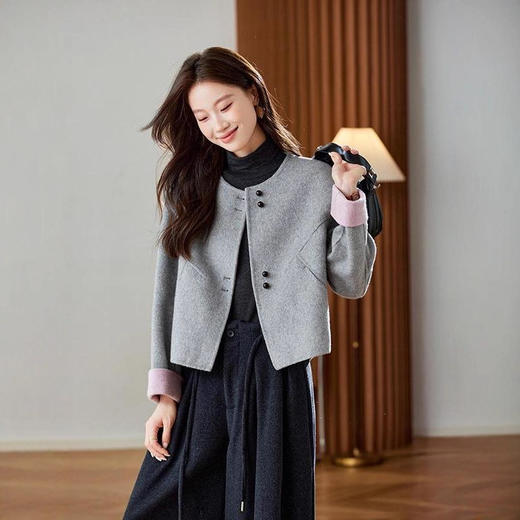 时尚显瘦气质撞色短款，双面羊毛呢子大衣外套HR-QIXFS25-5118 商品图1