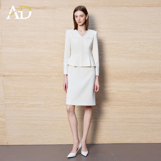 AD女神范小香风连衣裙女米白色肌理感荷叶边高级感假两件西装裙子 商品图3