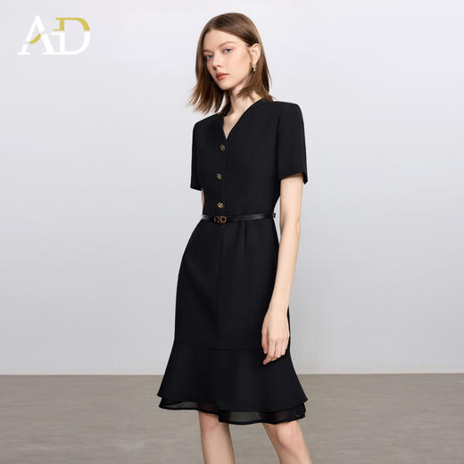 AD职业连衣裙女新款气质时尚V领连身裙2025高级感双层纱鱼尾裙夏 商品图2