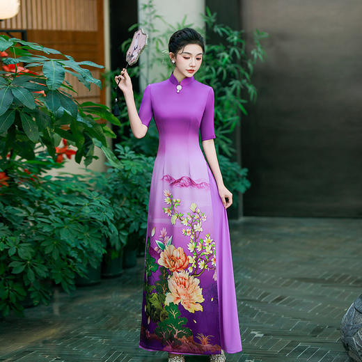 QCYJ 190 紫色奥黛走秀旗袍大气改良版中国风舞台演出礼服紫色 商品图1