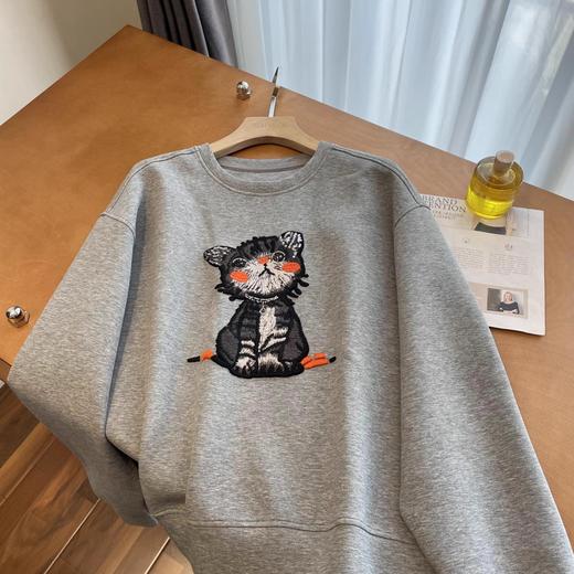 液氨双面棉~宽松万针刺绣手工钉珠卡通猫咪圆领套头卫衣！ 商品图2
