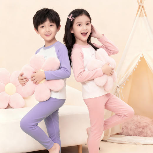 69元2套【轻梵 男女童保暖套装】双面磨毛A类标准 100-160码秋衣秋裤 无骨套装加绒 男女童保暖内衣 中大童打底衫！ ZXT 商品图1
