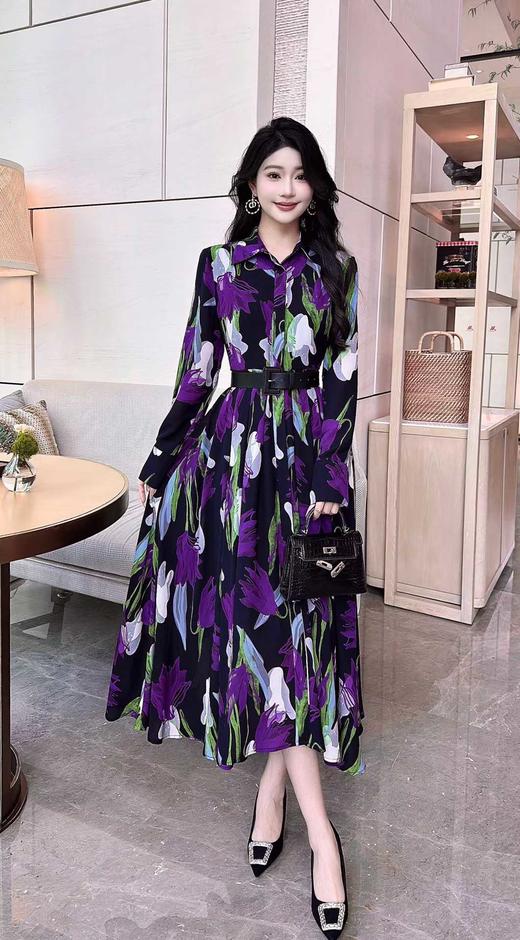 SZ3S79_凝夜紫色_连衣裙_春秋_翻领长袖单排扣腰带收腰A字中长款_高级女装_BERNIEELEN 伯妮斯茵 商品图9