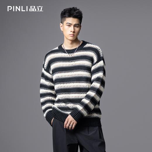 PINLI品立2025秋季新款男士宽松圆领条纹提花套头打底毛衣针织衫GD253110134 商品图0