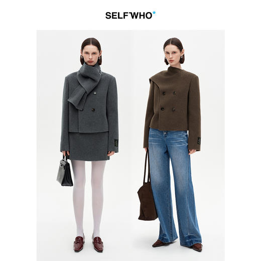 SELFWHO高支高密羊驼毛混纺围巾领毛呢外套女2025冬新款短款大衣 商品图1