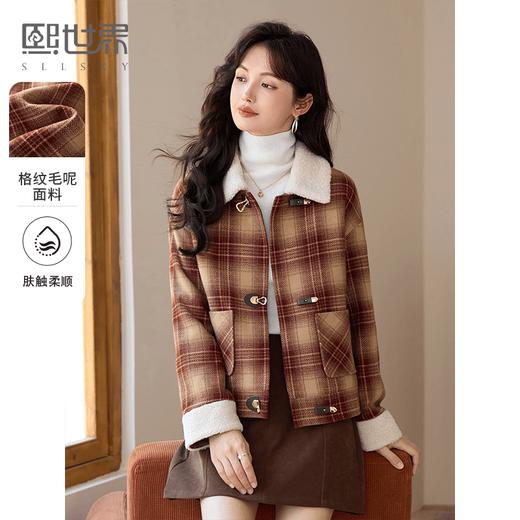【年货节】熙世界复古格纹毛呢外套短款小个子冬季新款小香风翻领呢子大衣 商品图0