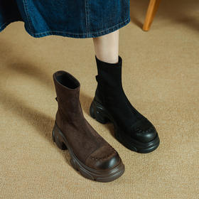 【预售5天】法式气质短靴新款圆头粗跟轻便及踝靴高跟耐穿女时装瘦瘦靴PS&PS2371