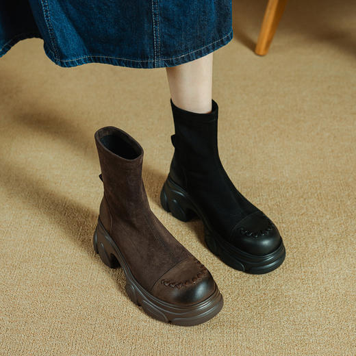 【预售5天】法式气质短靴新款圆头粗跟轻便及踝靴高跟耐穿女时装瘦瘦靴PS&PS2371 商品图0