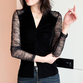 KQL 359H8356蕾丝拼接丝绒长袖V领镂空上衣洋气t恤修身打底衫