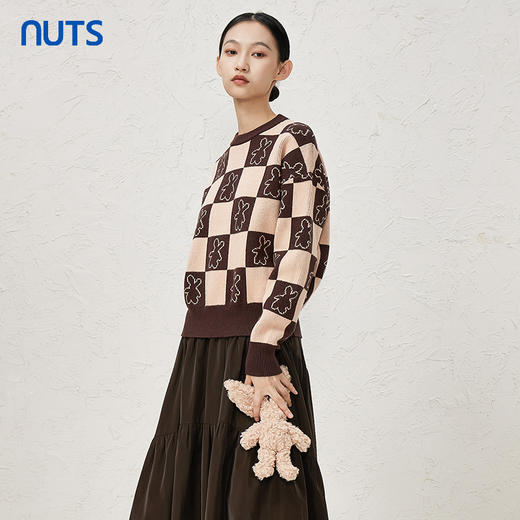 NUTS商场同款秋冬款设计感圆领格子百搭套头内搭针织衫女344052111 商品图2