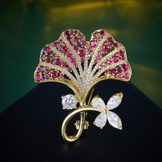 法式高档复古红宝石银杏叶，满镶锆石胸针精致别针LY-M-357 商品图0