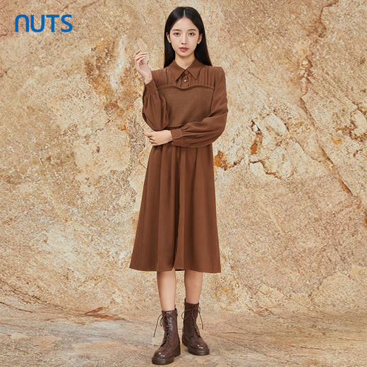 NUTS商场同款秋冬款棕色设计感拼接长袖衬衫连衣裙女341101090A 商品图1