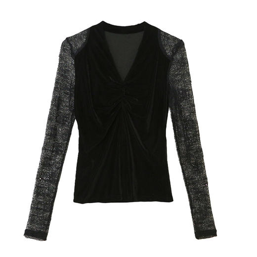 KQL 359H8356蕾丝拼接丝绒长袖V领镂空上衣洋气t恤修身打底衫 商品图4