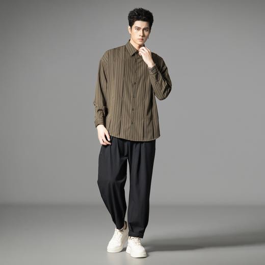 PINLI品立春季新款复古条纹捏褶衬衫潮牌休闲宽松长袖男衬衣B253113024 商品图4
