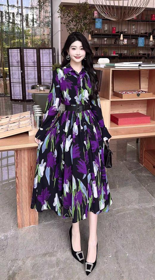 SZ3S79_凝夜紫色_连衣裙_春秋_翻领长袖单排扣腰带收腰A字中长款_高级女装_BERNIEELEN 伯妮斯茵 商品图5