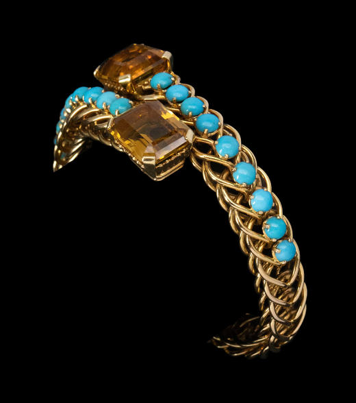 独角鹿西洋古董1950年代法国出品环扣造型18K黄金镶嵌绿松石及黄水晶手镯 商品图2