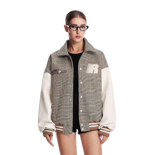 FDR官方店 钉珠贴布绣千鸟格棒球服男女秋冬情侣装重磅夹克外套 商品图2