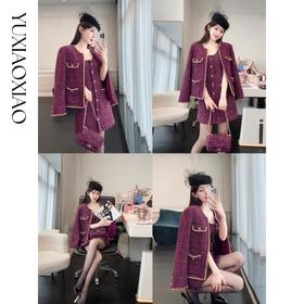 余潇潇【豪门紫晶】时尚羊毛混纺圆领小香风外套&无袖短款连衣裙