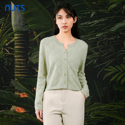 NUTS春秋新款绿色气质直筒V领短款针织衫开衫外套女411052038 商品图0