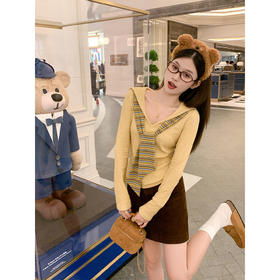 <曾小咸推荐> 韩系黄色条纹披肩长袖t恤女早秋季薄款修身内搭打底衫上衣