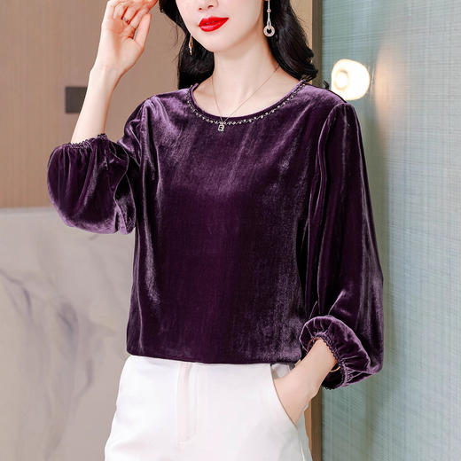 XMZ1220高端丝绒上衣女士长袖2025新款秋冬宽松打底妈妈洋气高贵小衫大码 商品图1